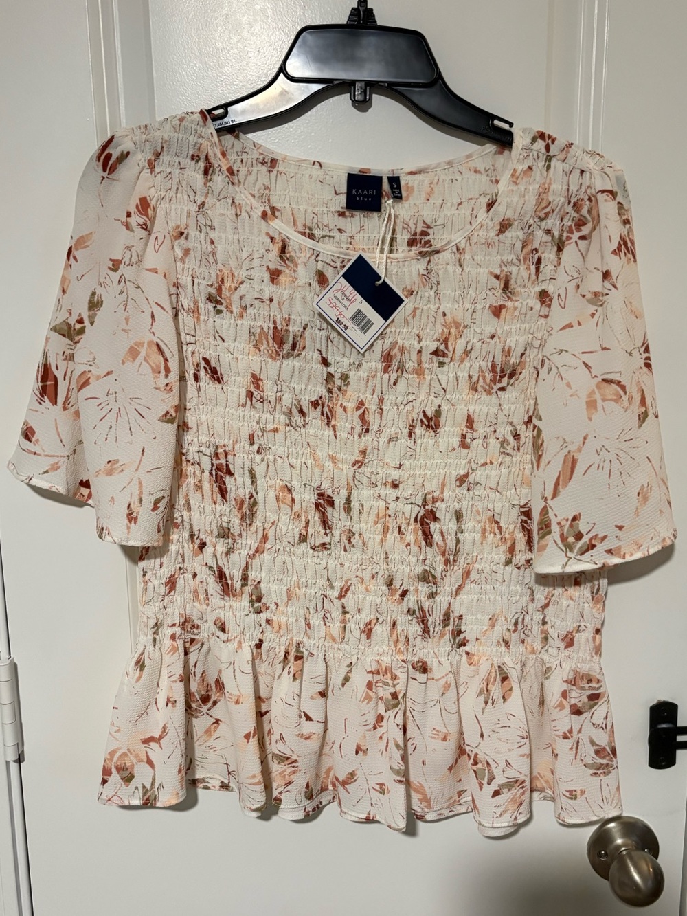 NWT Kaari Blue Cream Floral Smocked Peplum Top Size S
